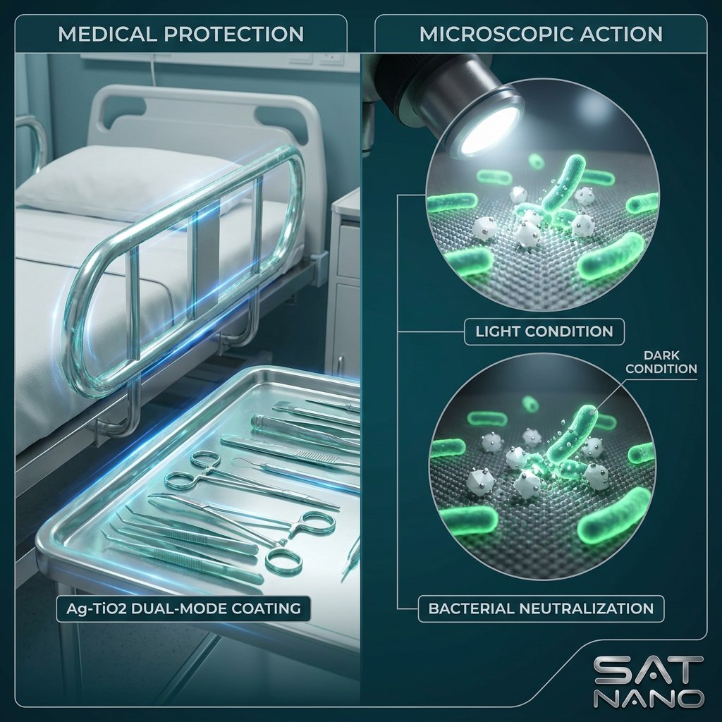 Material antibacteriano compuesto con fuerte actividad fotocatalítica, nanopolvo de dióxido de titanio dopado con plata.